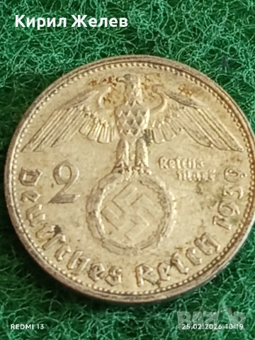Сребърна монета 2 райхсмарки 1939г. Германия Трети Райх с Свастика за КОЛЕКЦИОНЕРИ 53435