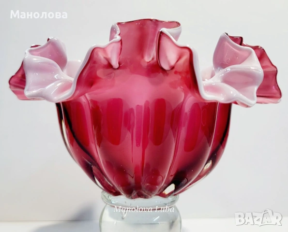 Бонбониера от ръчно издухано стъкло Cranberry glass. , снимка 5 - Други ценни предмети - 53123904