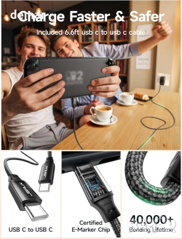 JSAUX 65W USB C зарядно за Nintendo Switch 2, ROG Ally, Steam Deck, таблети, лаптопи, 2 метра кабел, снимка 4 - Друга електроника - 50582335