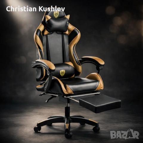 Черен геймърски стол с златисти акценти и разтегляема поставка за крака – луксозен комфорт без компр, снимка 8 - Столове - 53275454