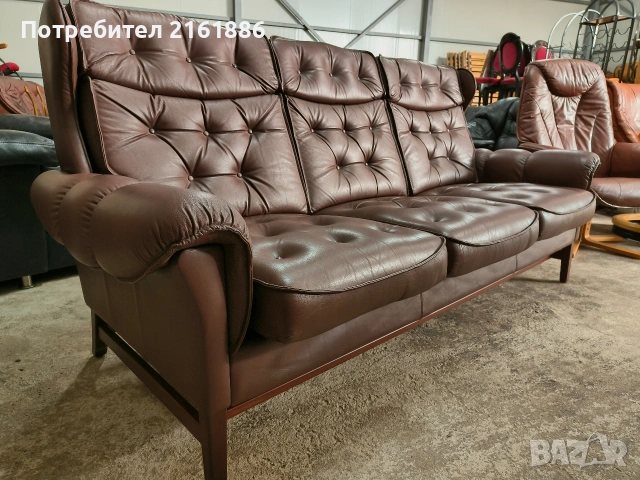Винтидж диван тройка от естествена кожа , снимка 2 - Дивани и мека мебел - 54183558