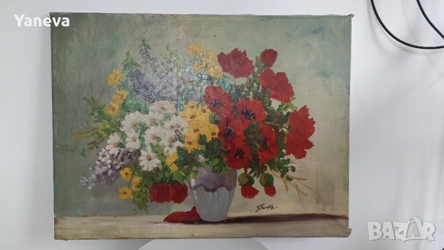 Стара картина „Пролетен букет“,  изобразяваща богат и жизнен цветен букет. 