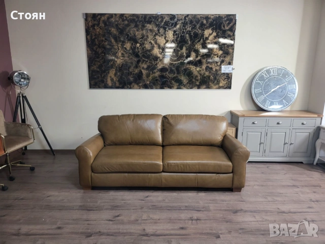 Светло кафяв кожен диван четворка