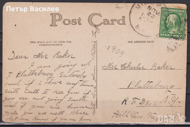 Пътувала пощенска картичка Фауна Птица Кълвач 1909 от САЩ, снимка 2 - Филателия - 51065375