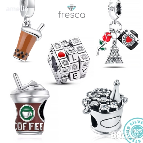Колекция талисмани Paris, Coffee and Love по модел тип Pandora Пандора с печат S925