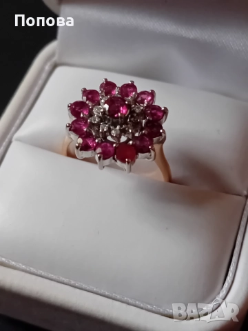 Винтидж златен пръстен с диаманти и рубини ръчна изработка , снимка 7 - Пръстени - 52490240