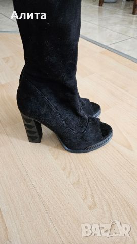 Чизми черни пролетни с ток, снимка 1 - Дамски обувки на ток - 45485090