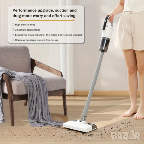 Безжична Вертикална Прахосмукачка 2 в 1 с Моп SENBOWE Lingo, 3в1, 19KPa, 110W, бяла, 70 мин Работа!