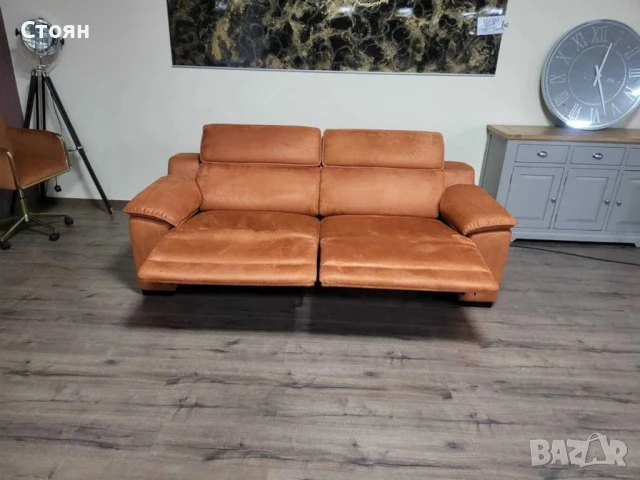 Оранжев диван от плат тройка с електрически релаксиращ механизъм, снимка 6 - Дивани и мека мебел - 50886509