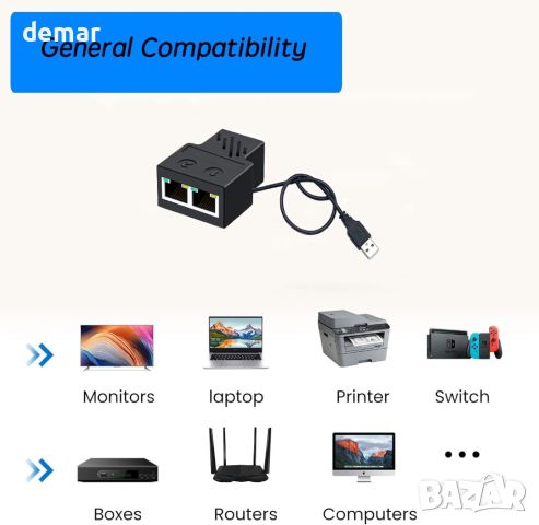 Мрежов сплитер Wuedozue RJ45, 1 към 2 двойни женски RJ45 порт с USB захранващ кабел, снимка 3 - Друга електроника - 45632476