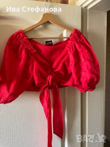 Нов ленен лен червен елегантен сет комплект от широки къси панталони топ бюстие буфан ръкав , снимка 9 - Костюми - 46439102
