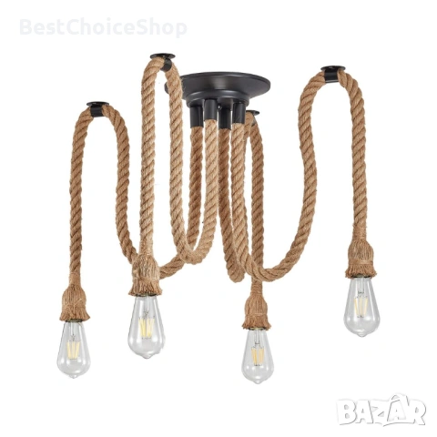 винтидж пендел от конопено въже, висящ полилей с 4 гнезда, снимка 6 - Полилеи - 53929599