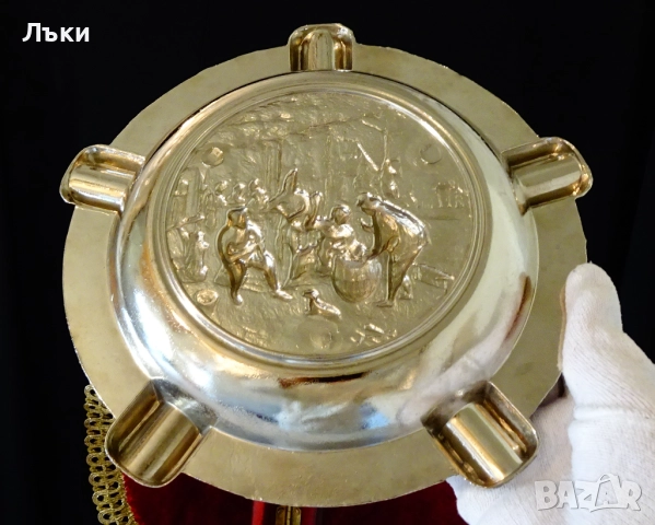 Посребрен бронзов пепелник за пури с релефна селска картина. , снимка 6 - Антикварни и старинни предмети - 52887351