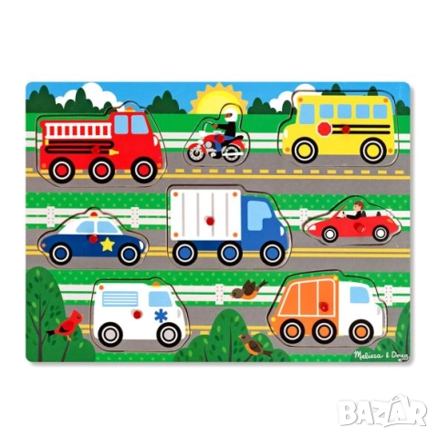 Дървен пъзел с превозни средства Melissa & Doug – интерактивна обучаема играчка за малки деца, снимка 8 - Игри и пъзели - 52391426