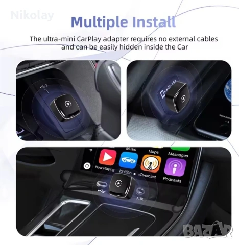 Безжичен адаптер 2 в 1 за кола,CarPlay и Android Auto, WiFi 5G, Bluetooth 5.0, USB-A, снимка 4 - Аксесоари и консумативи - 53922734