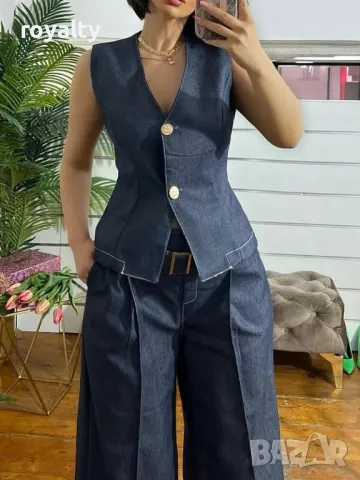 Елегантен дънков сет с широк панталон, снимка 3 - Костюми - 50102150