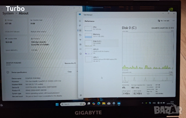 15.6' 144Hz GIGABYTE G5 Core i5-13500H/RTX 4060 8GB/16GB DDR5/512GB/Бат.4ч., снимка 8 - Лаптопи за игри - 54059804