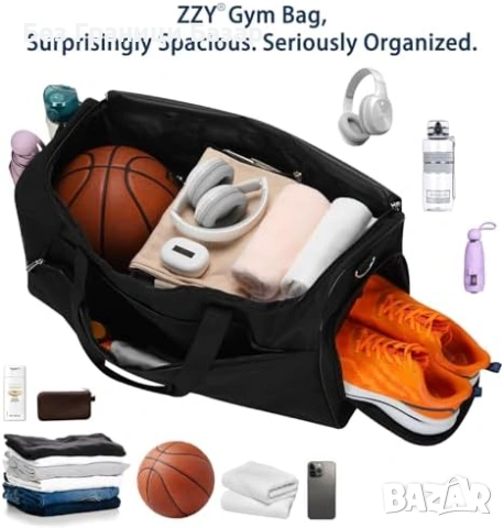 Нов удобен Черен спортен сак за фитнес и пътуване с джоб за обувки , снимка 4 - Сакове - 53915673