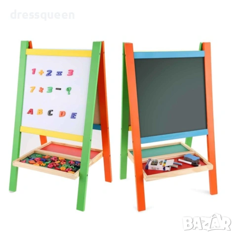 4699 Двустранна детска дъска 2-в-1: Магнитна повърхност и черна дъска в масивен дървен статив