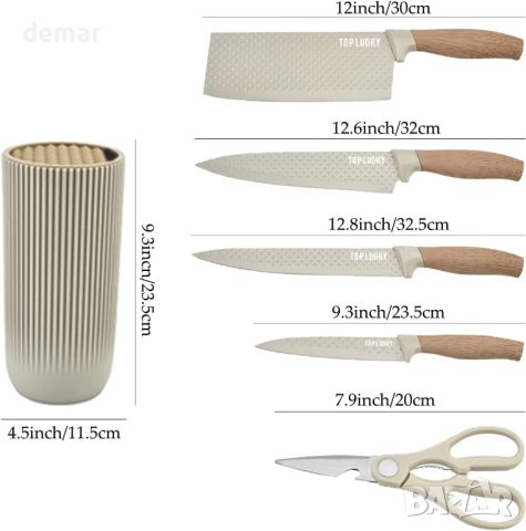 Комплект кухненски ножове 6 части цвят каки от неръждаема стомана с универсален блок за ножове, снимка 3 - Прибори за хранене, готвене и сервиране - 46782141