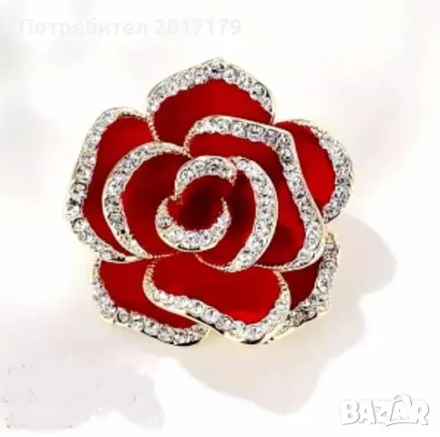 Брошка Червена Роза емайл с камъни, снимка 2 - Други - 49647466