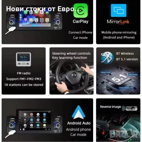 Мултимедия Car Радио 1 Din 5" CarPlay Bluetooth Android-Auto Handsfree MP5 Player TF USB FM Стерео  , снимка 6 - Навигация за кола - 49203983