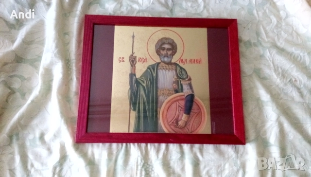 Икона на Свети вкм. Мина, репродукция с дървена рамка и стъкло, снимка 2 - Икони - 52777998