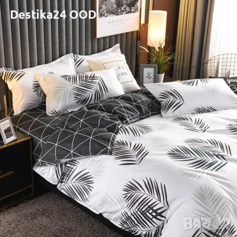 Мек и приятен спален комплект 180x220 бял с черни листа 4 части, снимка 2 - Спално бельо - 53899256