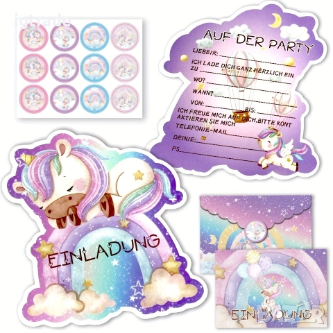 Детски покани за рожден ден с еднорог – 11 бр., на немски език, с пликове и стикери