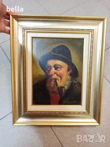 Стара картина Старецът с лулата -масло върху фазер подписана ,рамката е добавена от нас (пластика ),
