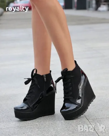 Боти на платформа - Лак, Велур, снимка 3 - Дамски боти - 49197134