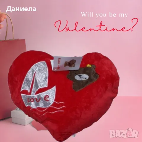 Подаръчна плюшена музикална възглавничка Сърце с лодка и мече LOVE, 35см/40см, снимка 2 - Други стоки за дома - 48501517