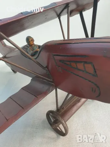 76см ръчна дърворезба фигура/стара голяма дървена играчка/самолет-биплан, снимка 4 - Антикварни и старинни предмети - 50301378