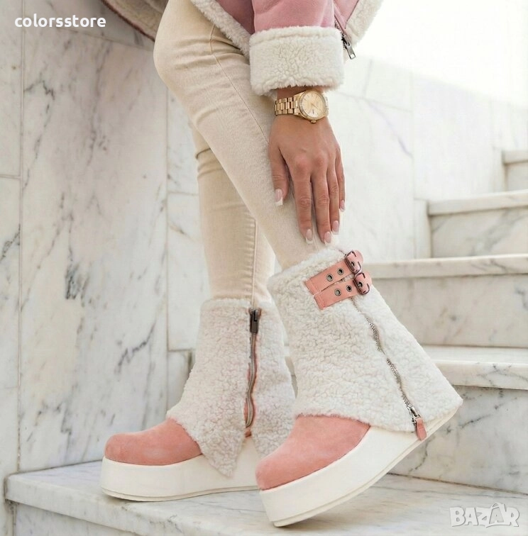 Боти на платформа - бежово с розово велур - BPK55 , снимка 1