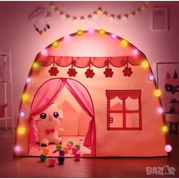 Детска къщичка за игра палатка с включени светещи текстилни топки гирлянд, снимка 1