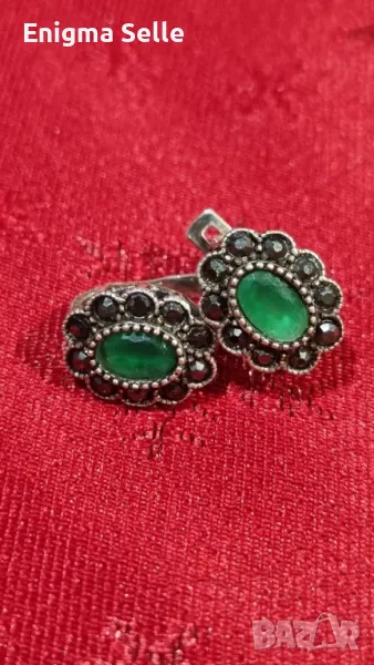 Сребърни обеци проба 925, модел с марказит и изумрудено зелен цирконий, снимка 1