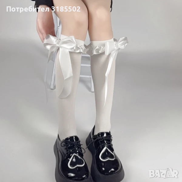 Дамски дантелени чорапи с панделка, над коляното, снимка 1