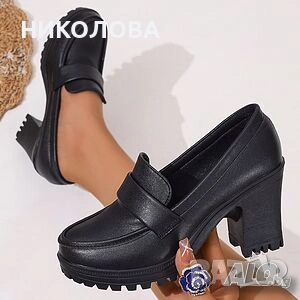 Нови черни обувки тип мокасини с дебел ток, снимка 1