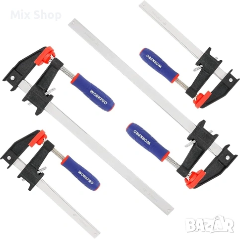 Нов Комплект от 4 скоби Workpro 150мм/300мм, капацитет 272кг, ергономични, противоплъзгащи