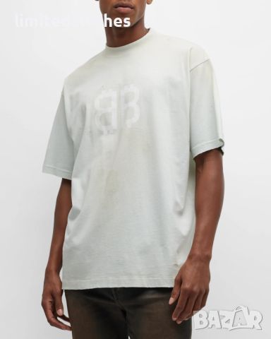 BALENCIAGA Dirty White Destroyed Crypto BB Logo Print Oversized Мъжка / Дамска Тениска size L (XL)