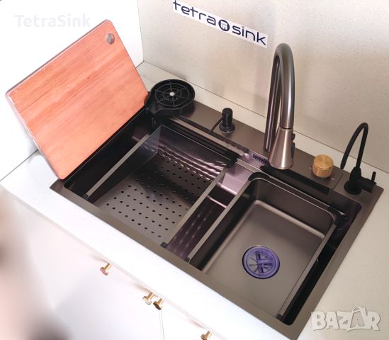 Мултифункционална кухненска мивка със смесител водопад |Tetra Sink|1NS30468TS-SD, снимка 1 - Мивки - 45913154