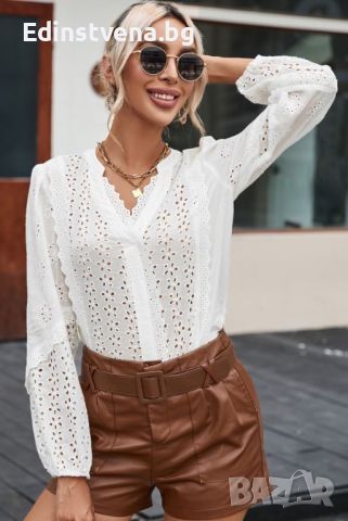 Дамска памучна блуза в бяло с дълъг ръкав и бродерия, снимка 5 - Блузи с дълъг ръкав и пуловери - 45418277