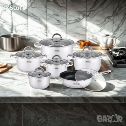 Комплект тенджери Rosberg, Неръждаема стомана, 6 части, Индукция, снимка 3 - Съдове за готвене - 52507442