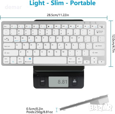 Безжична мини клавиатура, за IOS, Windows, Android (сребристо бяло), снимка 2 - Клавиатури и мишки - 45222637