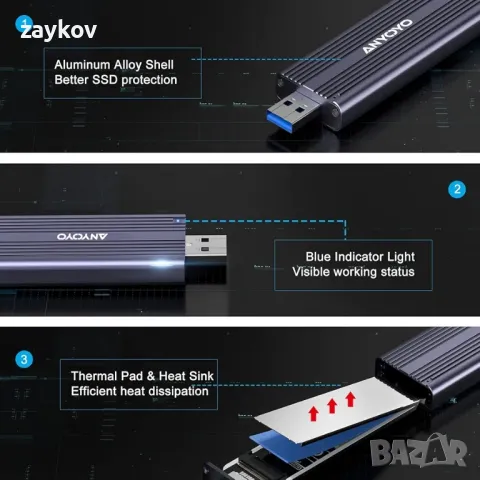 M.2 NVME SATA SSD корпус, ANYOYO USB 3.2 Gen 2 10Gbps Solid State Drive корпус, снимка 3 - Друга електроника - 46877411