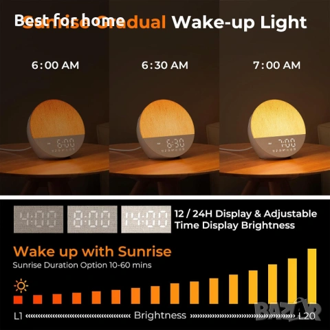 Uwithm Будилник със симулация на изгрев 20 нива на яркост,  18 цвята. Bluetooth, снимка 2 - Настолни лампи - 53538195