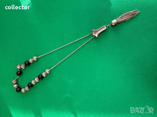 Сребърна броеница с черен ахат. №7752, снимка 6 - Антикварни и старинни предмети - 52814266