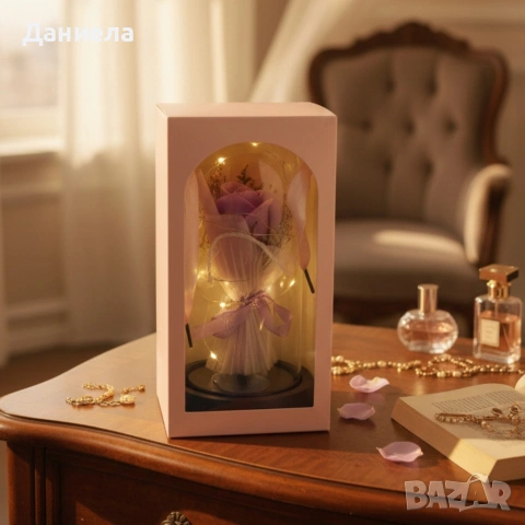 Декоративна роза в стъклен купол - В подаръчна кутия, снимка 2 - Други стоки за дома - 53049091