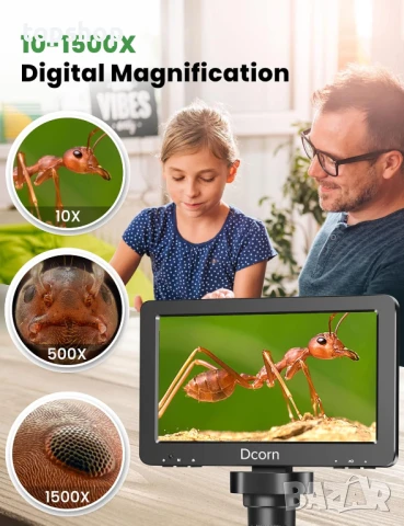 НОВ, Перфектен Dcorn HDMI цифров микроскоп 7 инча 1500X, 16MP 1080P LCD с IPS, TF карта 32GB..., снимка 3 - Друга електроника - 50741445
