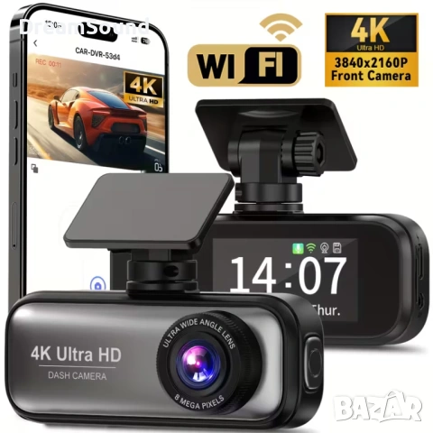 4K Видеорегистратор (Dash Cam) с Wi-Fi | Нощно виждане, Паркинг режим